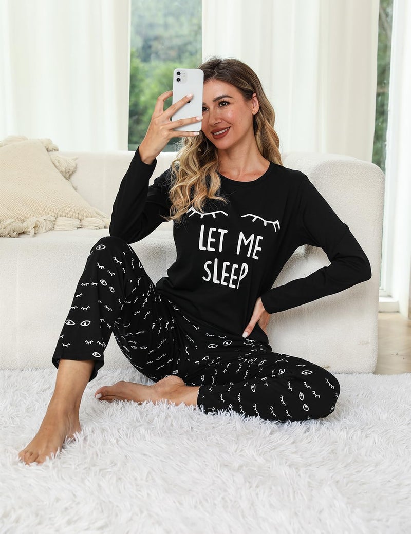 EISHOPEER Womens Cotton Pinted Pajama Set Long Sleeve Sleepwear Pjs Set with Pockets Black S - Image 4
